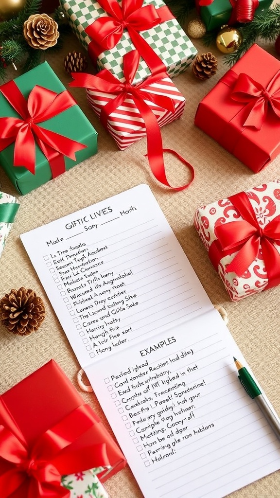 Christmas Gift List Categories A Christmas gift list on a table with wrapped gifts and holiday decorations.